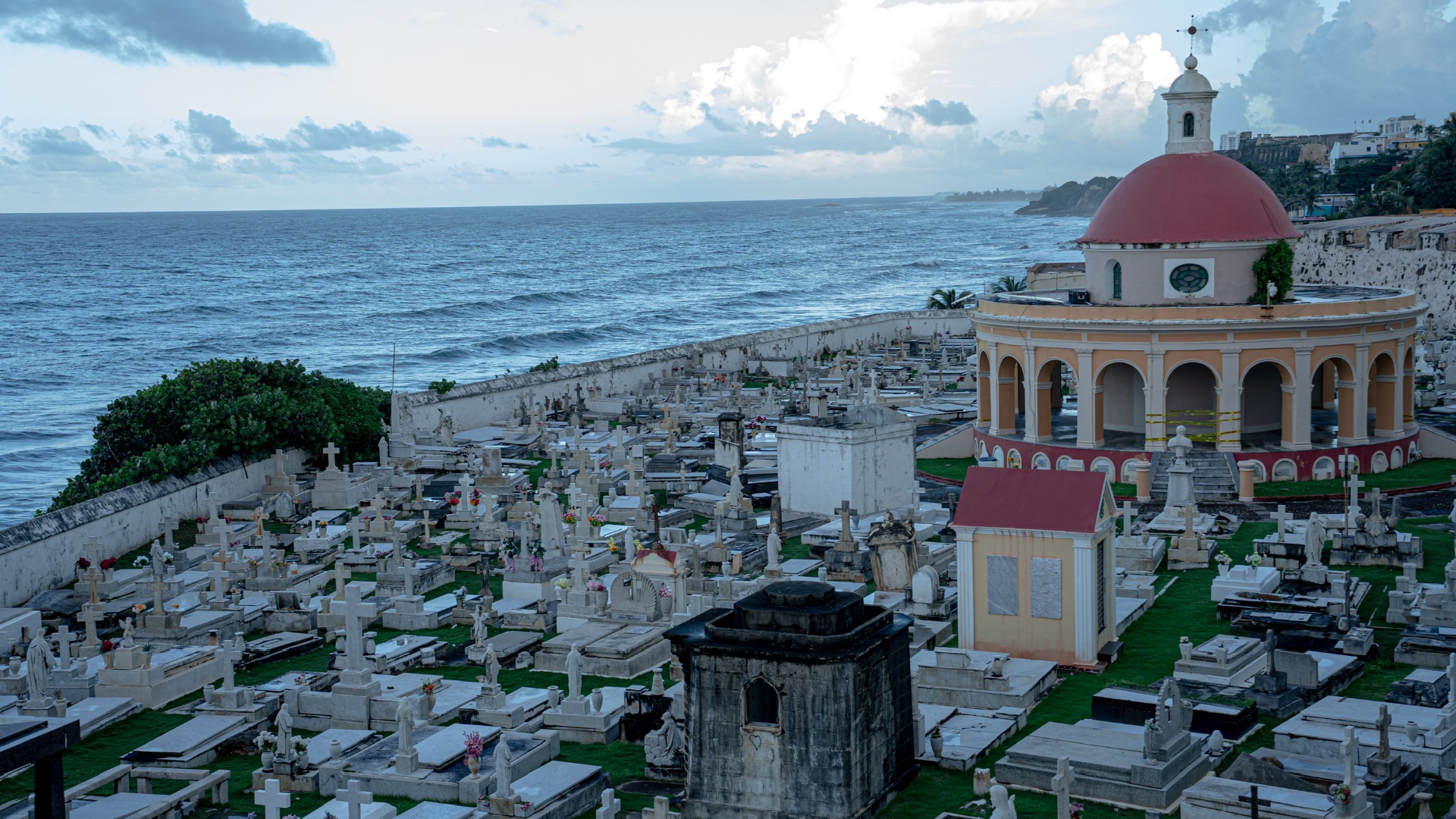 Old San Juan cemetery with its red-domed chapel by the sea